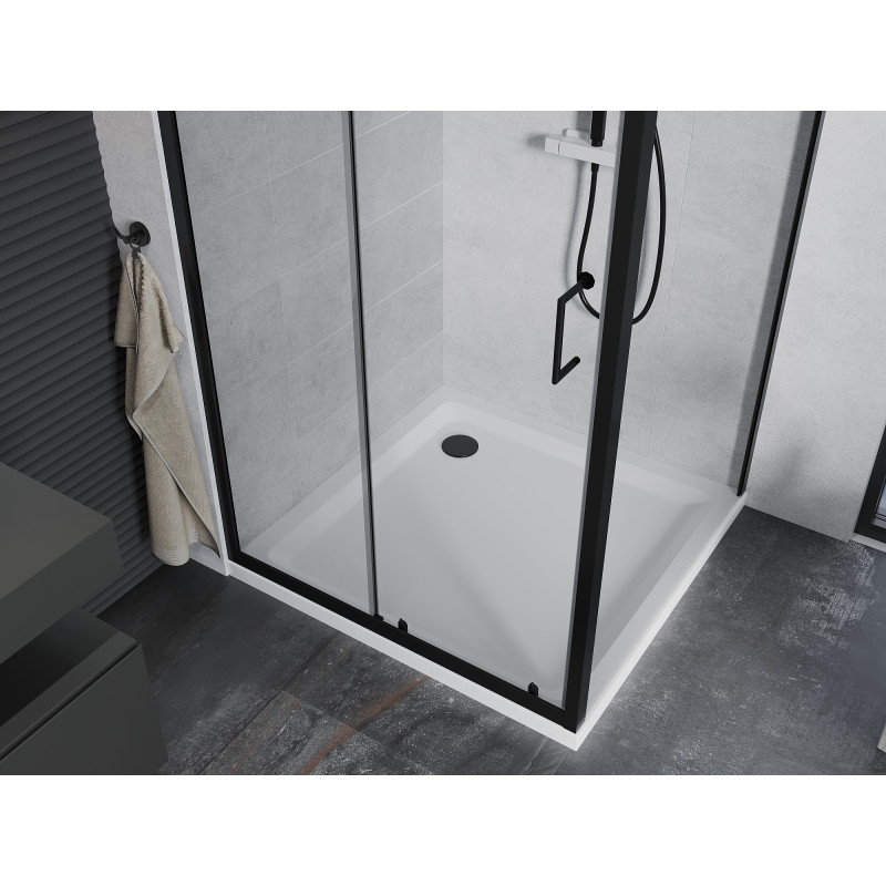 Mexen Apia cabina de duș glisantă 100 x 100 cm, transparentă, neagră + cadă de duș Flat, albă - 840-100-100-70-00-4010B
