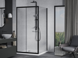Mexen Apia cabina de duș glisantă 100 x 100 cm, transparentă, neagră + cadă de duș Flat, albă - 840-100-100-70-00-4010B