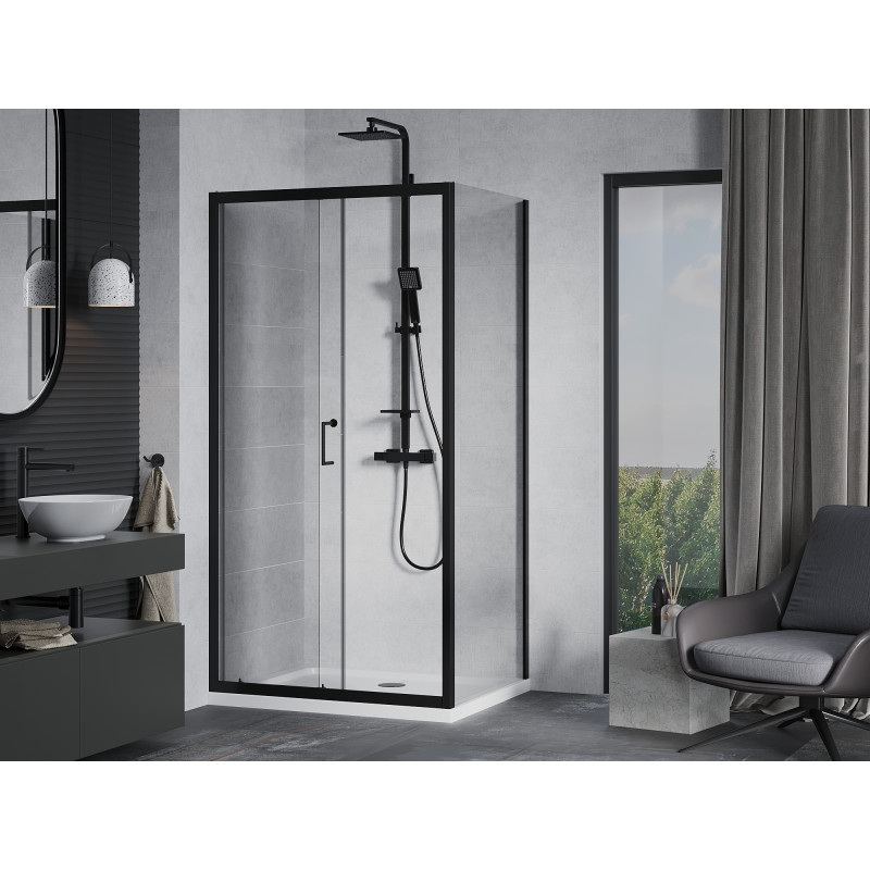 Mexen Apia cabina de duș glisantă 140 x 80 cm, transparentă, neagră + cadă Flat, alb - 840-140-080-70-00-4010B