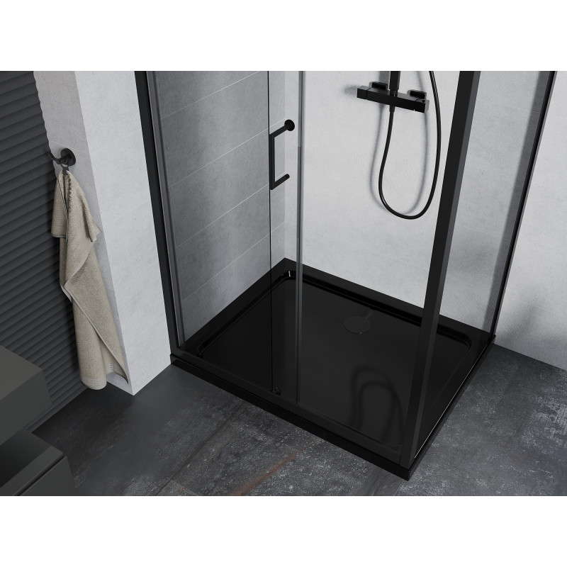 Mexen Apia 90 x 80 cm-es tolóajtós zuhanykabin, átlátszó, fekete + Flat zuhanytálca, fekete - 840-090-080-70-00-4070B