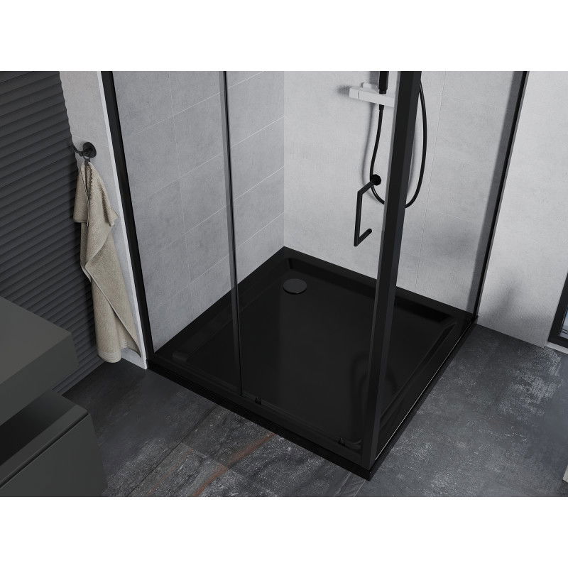 Mexen Apia cabină de duș glisantă 100 x 100 cm, transparentă, neagră + cadă Flat, neagră - 840-100-100-70-00-4070B