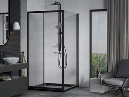 Mexen Apia cabină de duș extensibilă 100 x 100 cm, transparent, Neagră + cadă de duș Flat, Neagră - 840-100-100-70-00-4070B