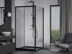 Mexen Apia cabină de duș glisantă 100 x 100 cm, transparentă, neagră + cadă Flat, neagră - 840-100-100-70-00-4070B