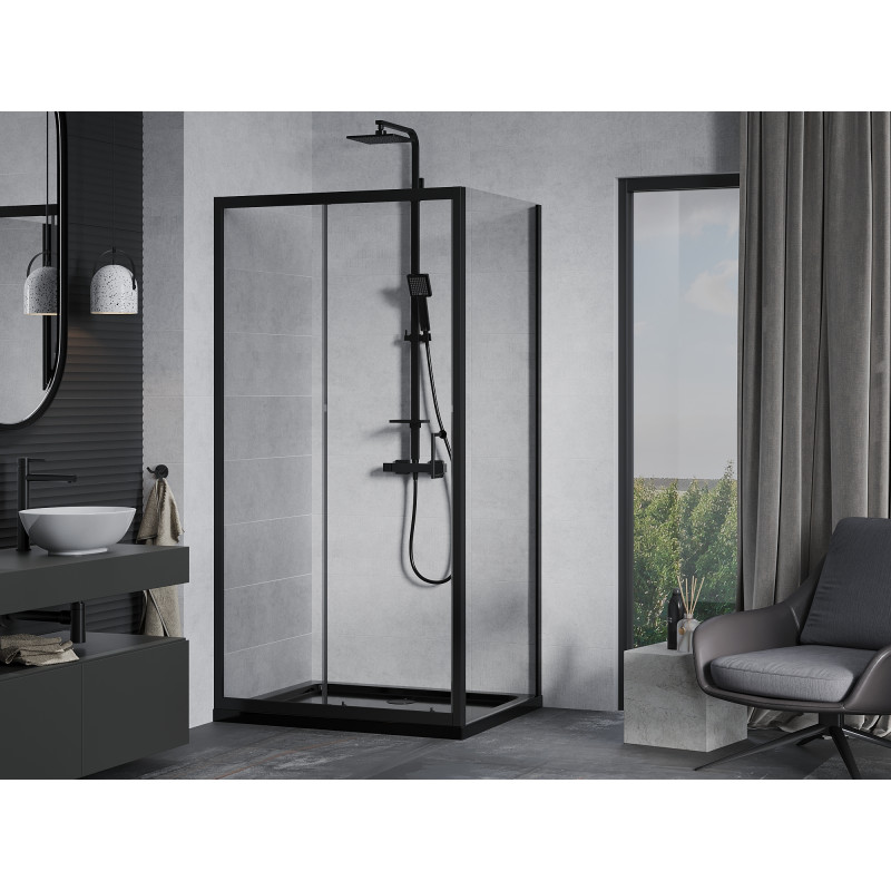 Mexen Apia 120 x 70 cm-es tolóajtós zuhanykabin, átlátszó, fekete + Flat zuhanytálca, fekete - 840-120-070-70-00-4070B