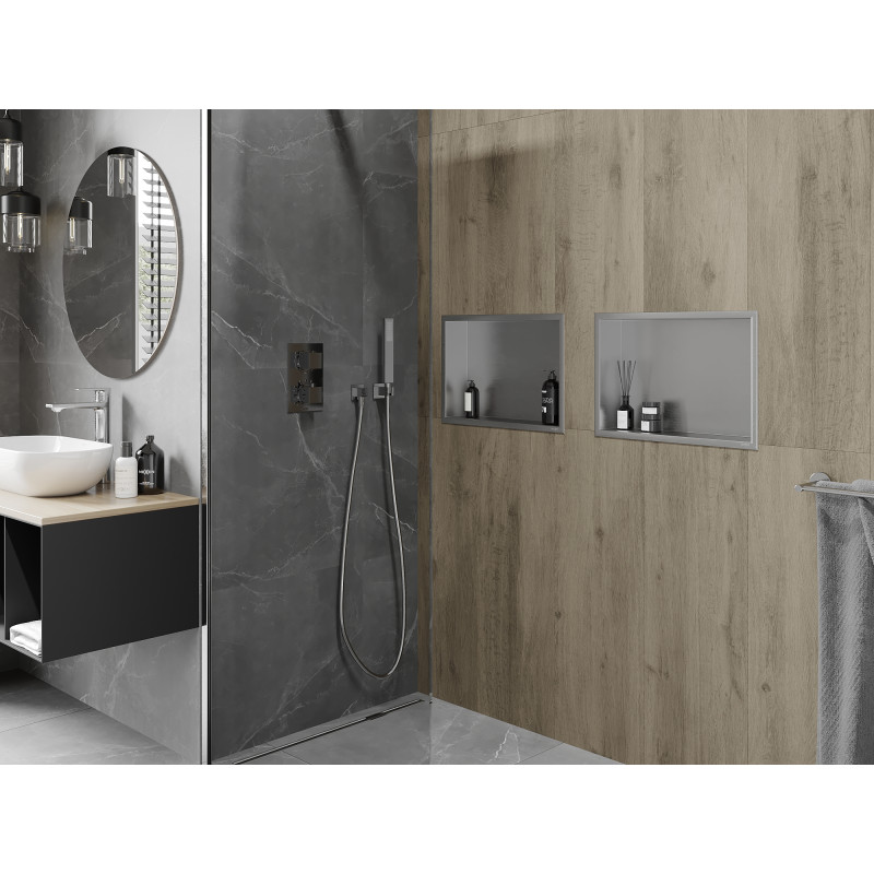 Mexen X-Wall-R 45 x 30 cm-es peremmel ellátott oldalfalba süllyesztett polc, inox - 1910453010
