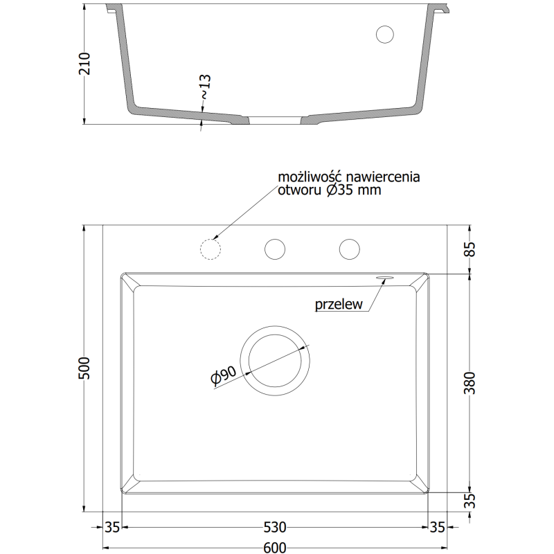 Mexen Elix gránit mosogató 1-medencés 600 x 500 mm, szürke, króm szifon - 6525601005-71
