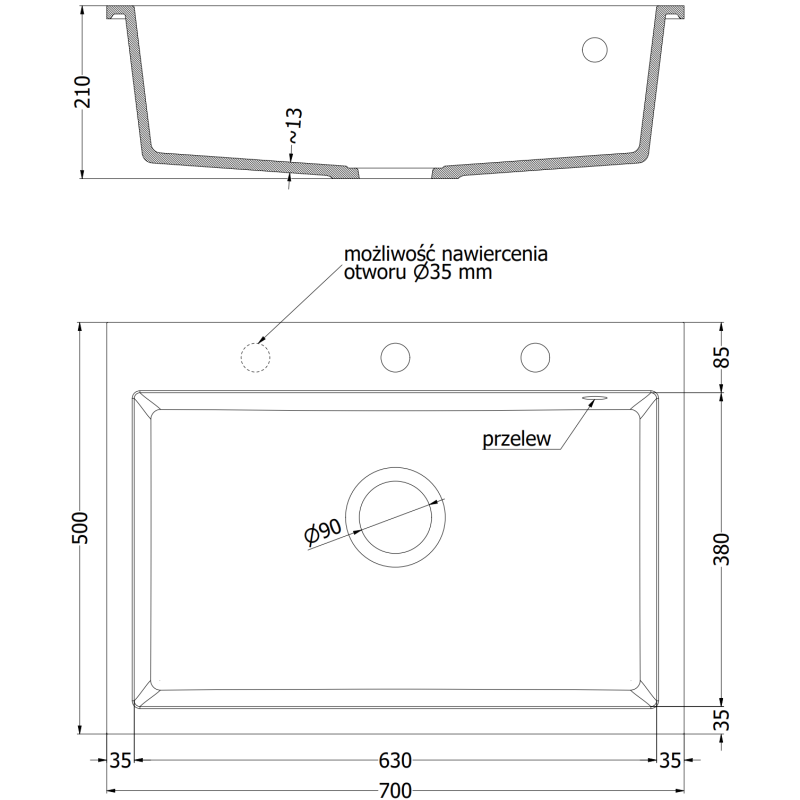 Mexen Elix 1-medencés gránit mosogató 700 x 500 mm, bézs, fekete szifon - 6526701005-69-B