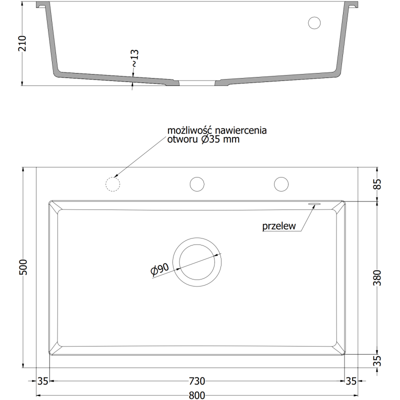 Mexen Elix egymedencés gránit mosogató 800 x 500 mm, fehér, arany szifon - 6527801005-20-G
