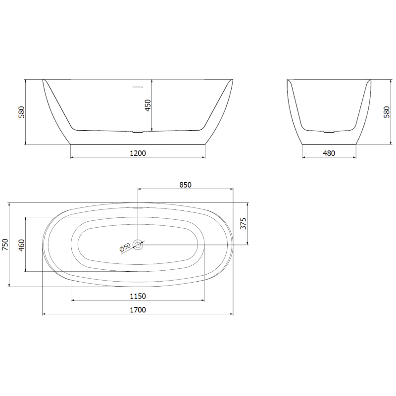 Mexen Luvo Slim szabadon álló kád 170 x 75 cm, fehér, gun gray kefélt túlfolyó - 52801707500-66