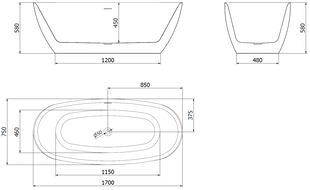 Mexen Luvo Slim szabadon álló kád 170 x 75 cm, fehér, túlfolyó gun gray kefe - 52801707500-66
