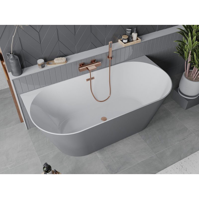 Mexen Oval Slim cadă de baie independentă cu montare pe perete 170 x 80 cm, albă/gri, preaplin cupru periat - 52661708062-65