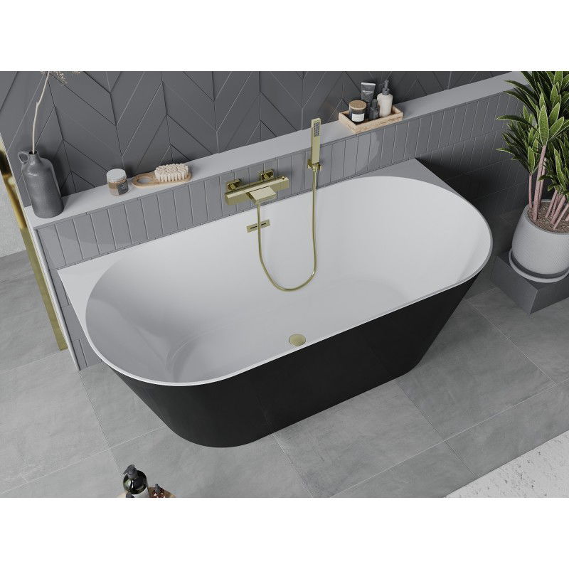 Mexen Oval Slim cadă freestanding lipită de perete 170 x 80 cm, alb/negru, preaplin auriu periat - 52661708075-55