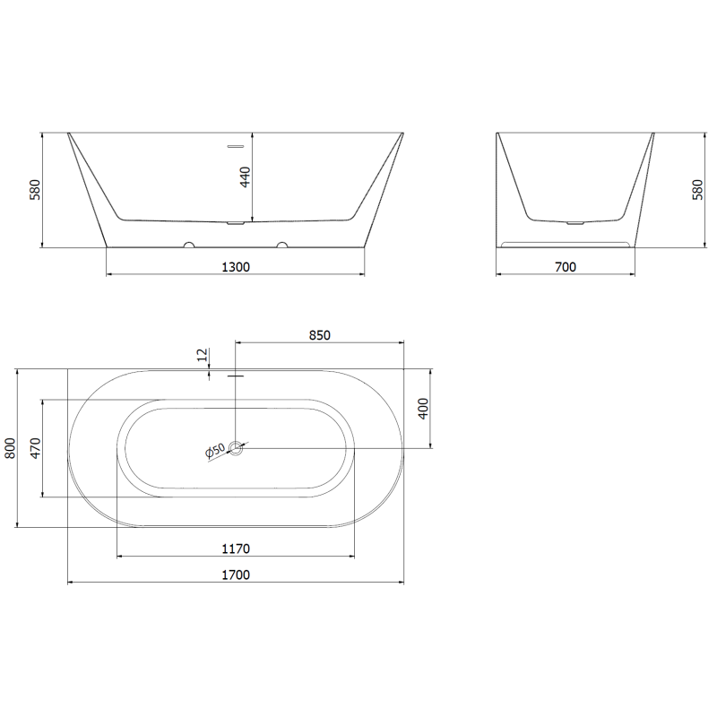 Mexen Oval Slim cadă independentă de perete 170 x 80 cm, alb/negru, preaplin gun gray periat - 52661708075-66