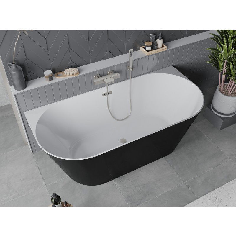 Mexen Oval Slim cadă de baie freestanding aproape de perete 170 x 80 cm, albă/neagră, preaplin nichel periat - 52661708075-97