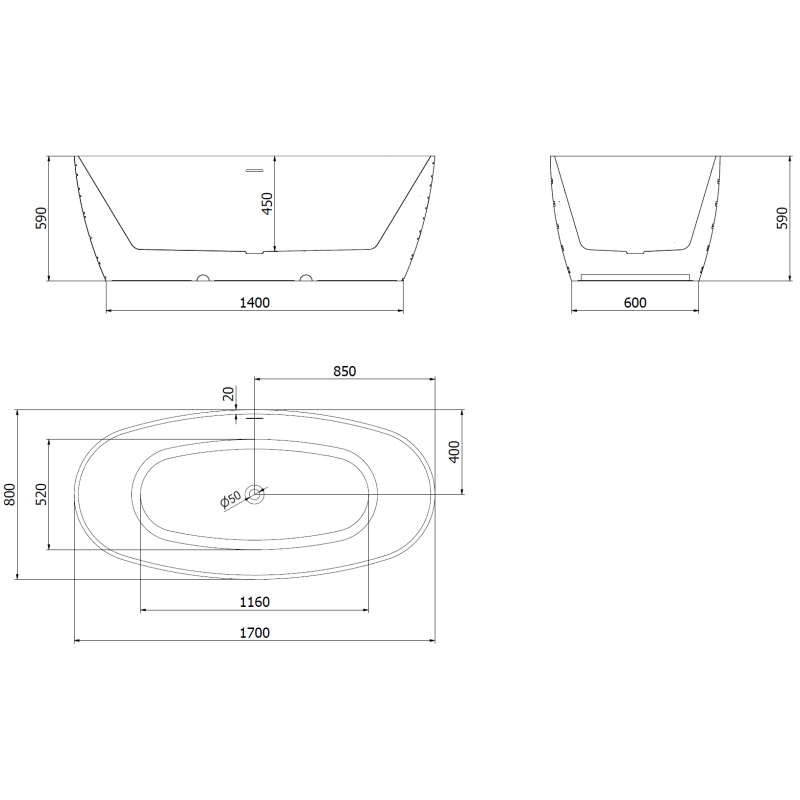 Mexen Olea szabadon álló kád minta 170 x 80 cm, fehér/fekete, túlfolyó rózsaszín arany - 52821708075-60