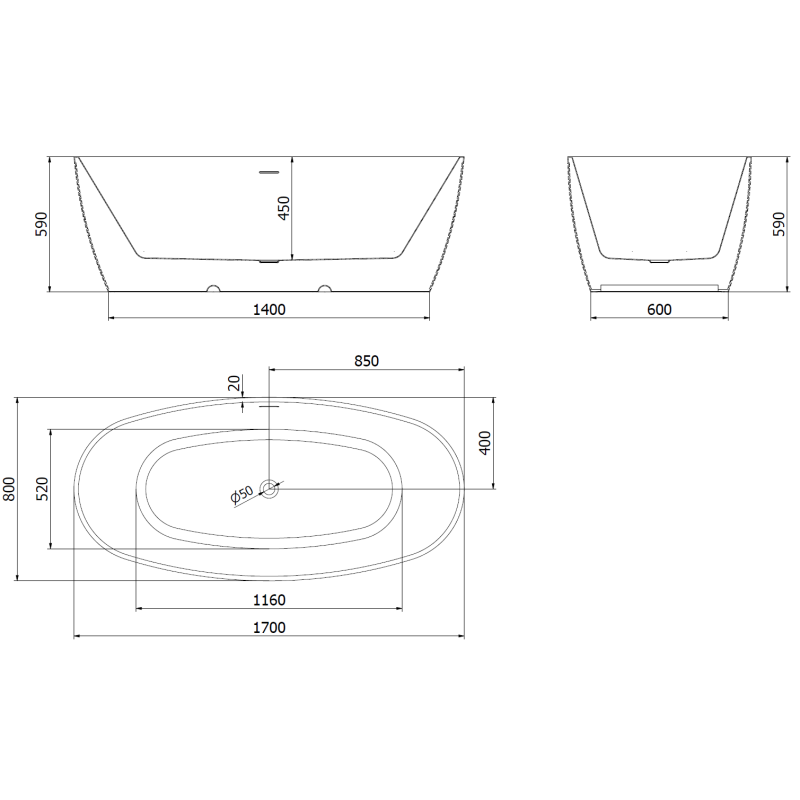 Mexen Lira cadă freestanding model 170 x 80 cm, albă, preaplin gun metal - 52831708000-95