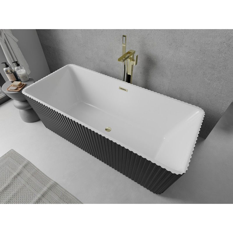 Mexen Nila cadă de baie freestanding canelată 170 x 75 cm, albă/neagră, preaplin auriu - 52841708075-50