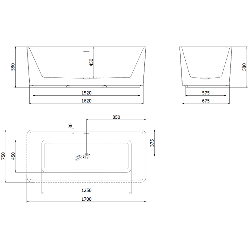 Mexen Nila cadă freestanding cu caneluri 170 x 75 cm, alb/negru, preaplin cupru periat - 52841708075-65