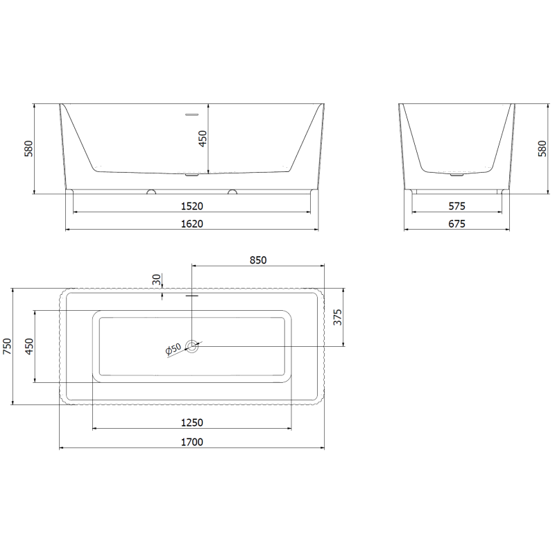Mexen Nila szabadon álló kád bordázott 170 x 75 cm, fehér/fekete, gun gray kefélt túlfolyó - 52841708075-66
