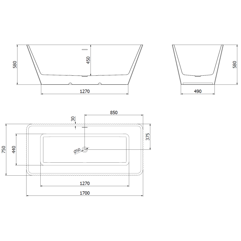 Mexen Tava cadă de baie freestanding, cu caneluri, 170 x 75 cm, albă, preaplin negru - 52851707500-70