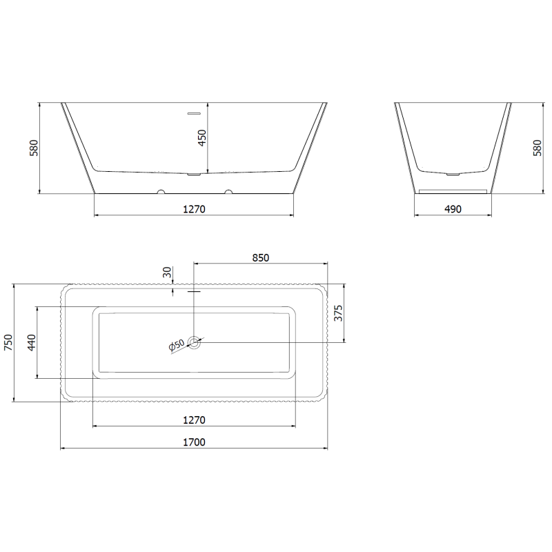 Mexen Tava cadă freestanding canelată 170 x 75 cm, albă/neagră, preaplin aurie periată - 52851707575-55