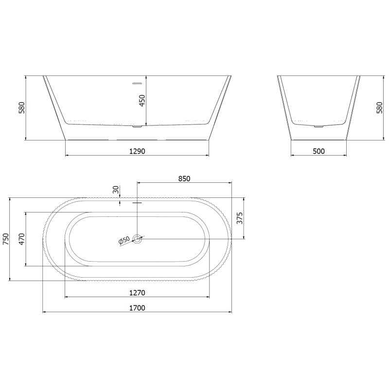 Mexen Yara cadă de baie freestanding canelată 170 x 75 cm, albă, preaplin auriu periat - 52861707500-55