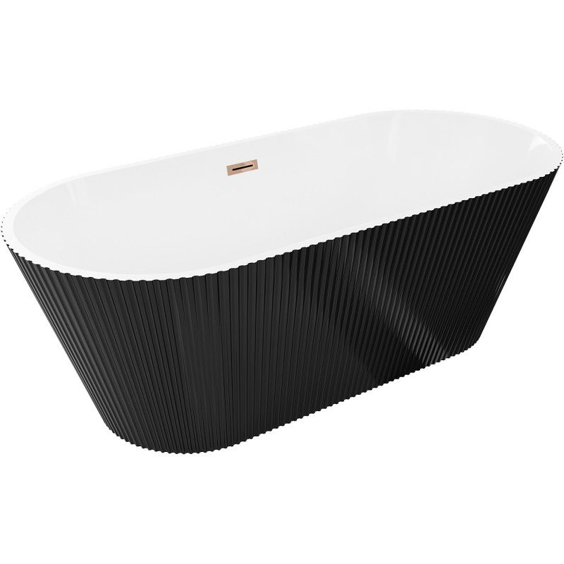 Mexen Yara szabadon álló bordázott kád 170 x 75 cm, fehér/fekete, rózsaszín arany túlfolyóval - 52861707575-60