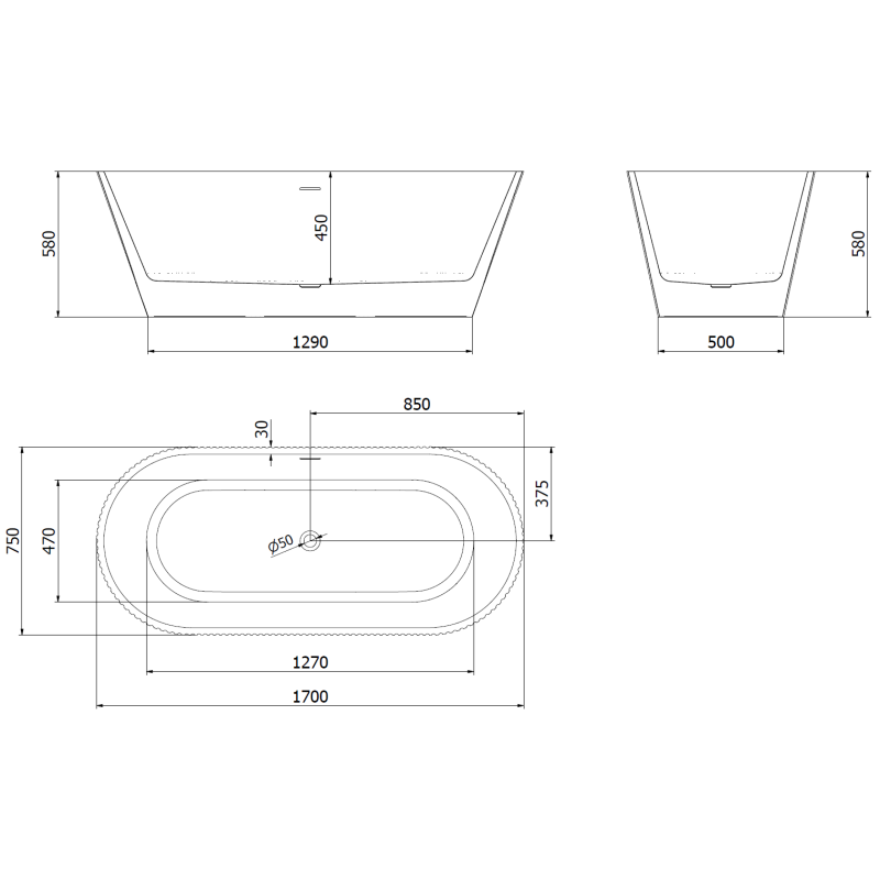 Mexen Yara cadă de baie freestanding cu structură ondulată 170 x 75 cm, albă/neagră, preaplin cupru periat - 52861707575-65