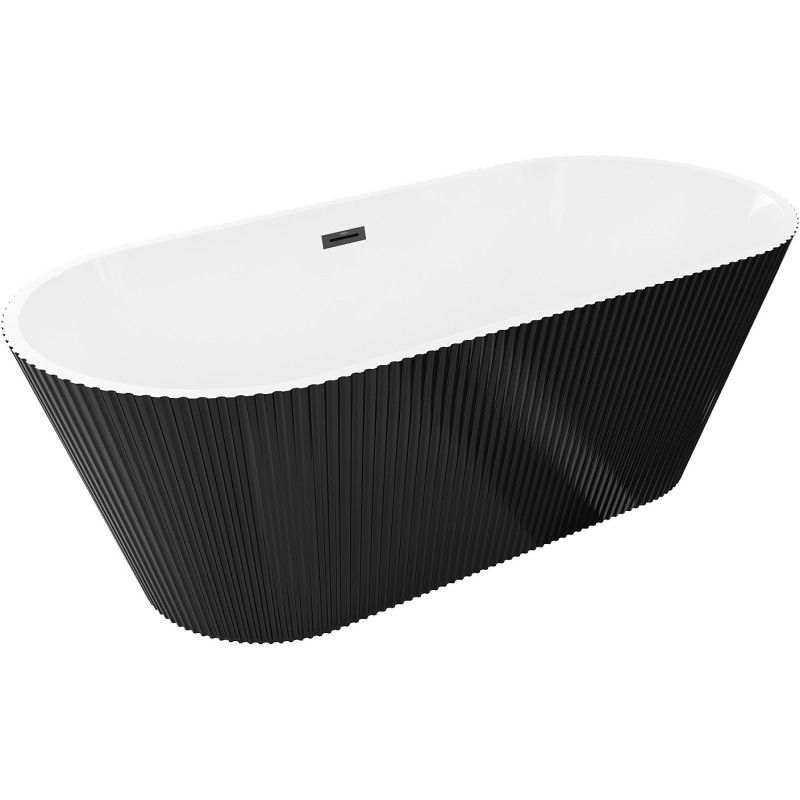 Mexen Yara önállóan álló barázdált kád 170 x 75 cm, fehér/fekete, fekete túlfolyó - 52861707575-70