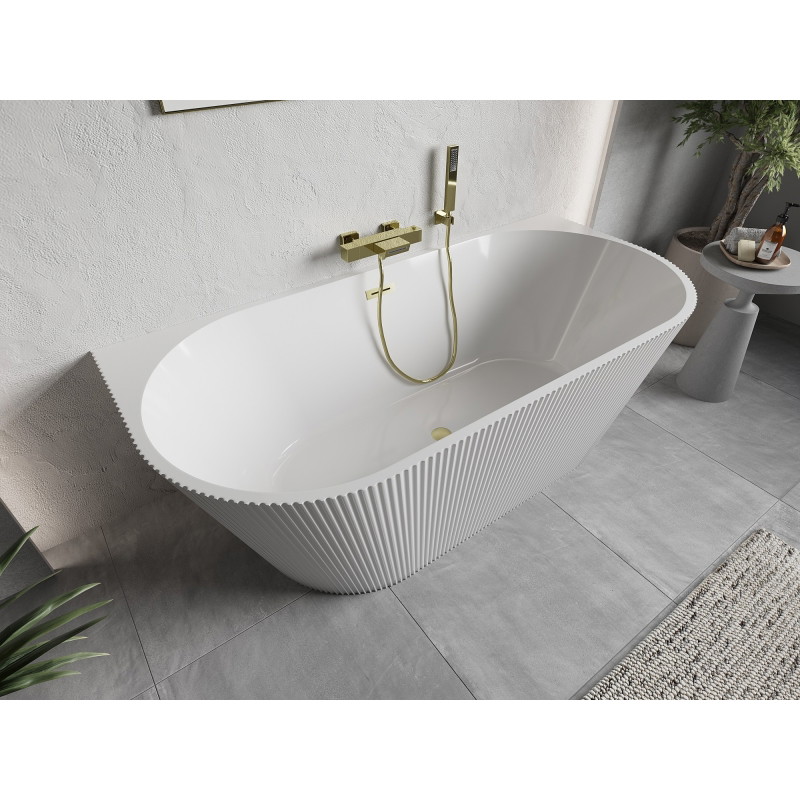 Mexen Oris cadă de baie freestandingă, de perete, cu caneluri 150 x 75 cm, albă, preaplin auriu periat - 52871507500-55