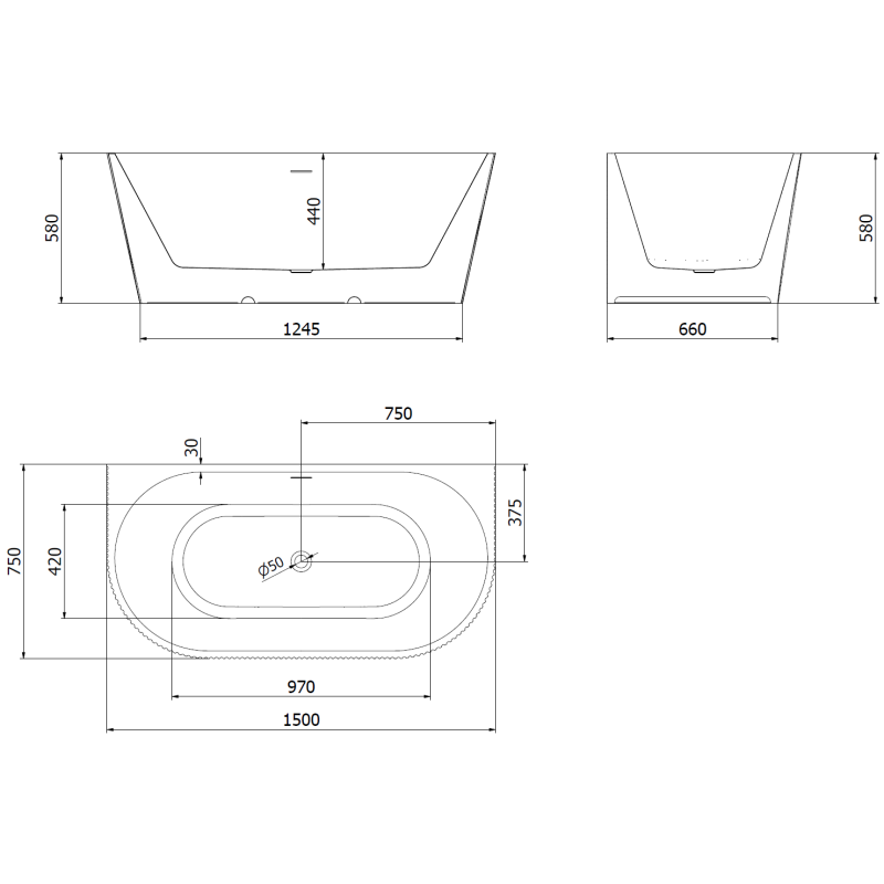 Mexen Oris cadă de baie independentă montat pe perete, cu caneluri, 150 x 75 cm, albă, preaplin nichel periat