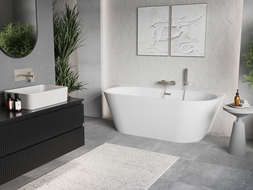 Mexen Oris szabadon álló fali bordázott kád 150 x 75 cm, fehér, szálcsiszolt nikkel túlfolyóval - 52871507500-97