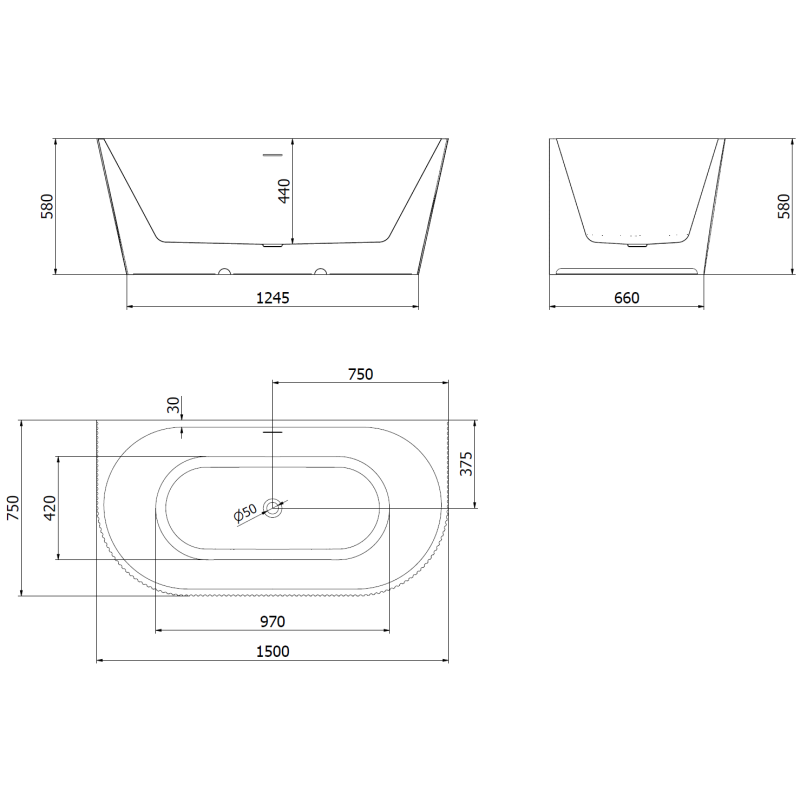 Mexen Oris cadă de baie freestanding lângă perete, cu caneluri, 150 x 75 cm, alb/gri, preaplin auriu roz - 52871507562-60