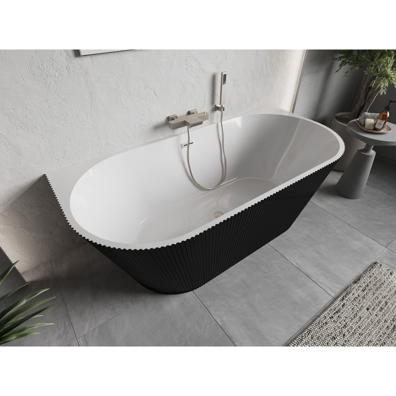 Mexen Oris cadă freestanding montată lângă perete, canelată, 150 x 75 cm, alb/negru, preaplin nichel periat