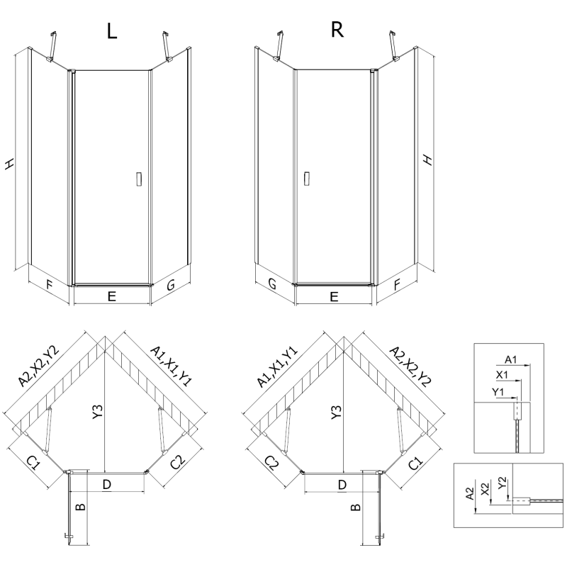 Mexen Mist cabina de duș pentagonală asimetrică cu ușă batantă 80 x 100 cm, transparentă, cupru periat