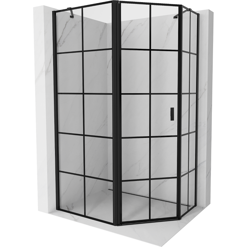 Mexen Mist cabină de duș pentagonală asimetrică cu deschidere stânga 90 x 80 cm, grilaj negru, neagră - 8A8-090-080-70-77-L