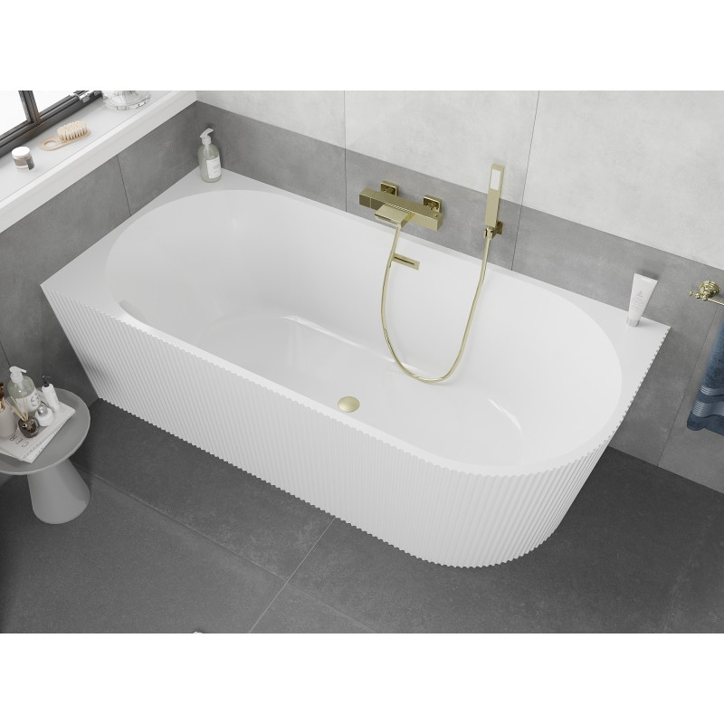 Mexen Silo cadă de baie freestanding colțar stânga cu textură în relief 150 x 75 cm, albă, preaplin auriu periat