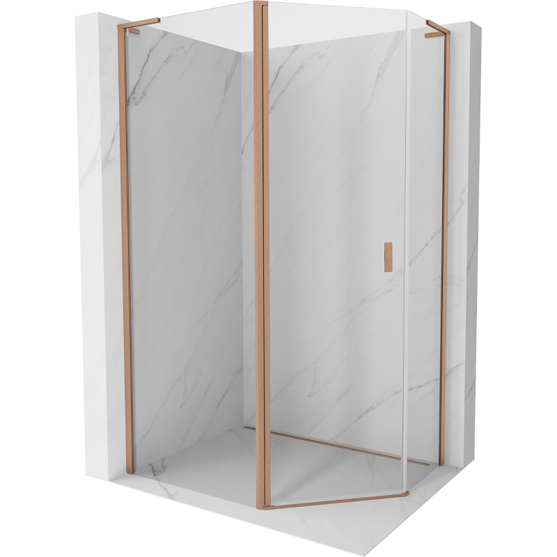 Mexen Mist L cabină de duș pentagonală asimetrică cu ușă batantă 90x80 cm, transparentă, cupru periat