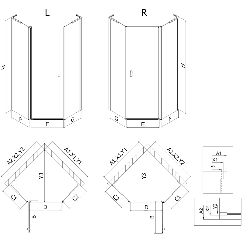 Mexen Mist L cabina de duș pentagonală rabatabilă stânga 90 x 90 cm, grilaj negru, negru - 8A8L-090-090-70-77-L