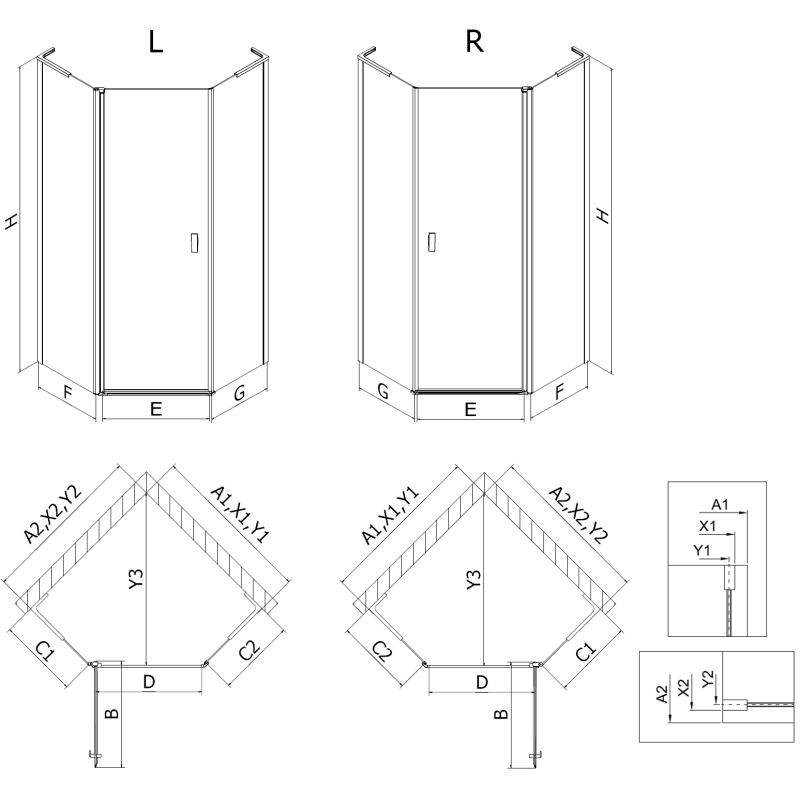 Mexen Mist L cabină de duș pentagonală asimetrică cu deschidere dreapta 90 x 80 cm, grilaj negru, negru - 8A8L-090-080-70-77-P