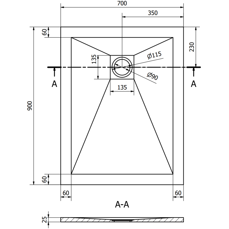 Mexen Stone+ 90 x 70 cm-es téglalap alakú kompozit zuhanytálca, fekete - 44707090