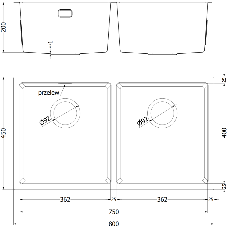Mexen Binox kéttálcás acél mosogató 800 x 450 mm, fekete - 6421802000-70