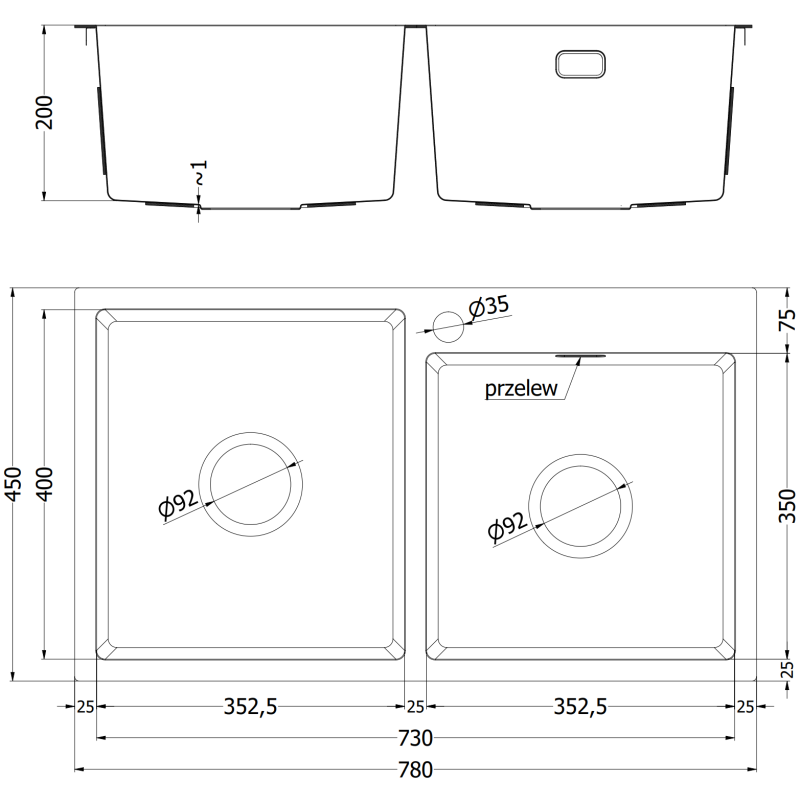 Mexen Xorin kétrészes acél mosogató 780 x 450 mm, fekete - 6441782000-70