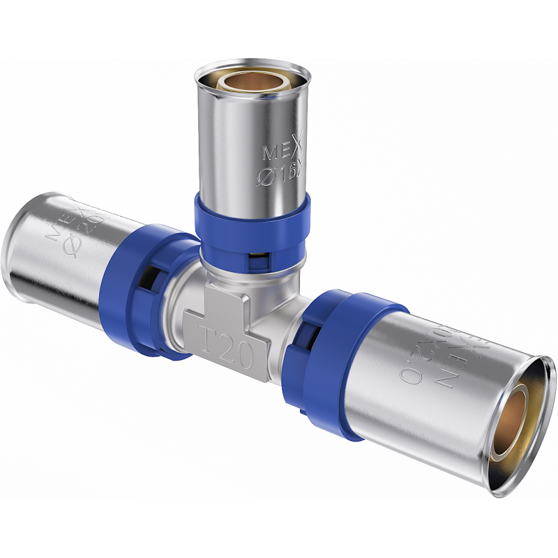 Mexen PEX-P nyomócsöves redukáló T-idom, préselt PEX 25 x 20 x 25 - W97131-252025-00
