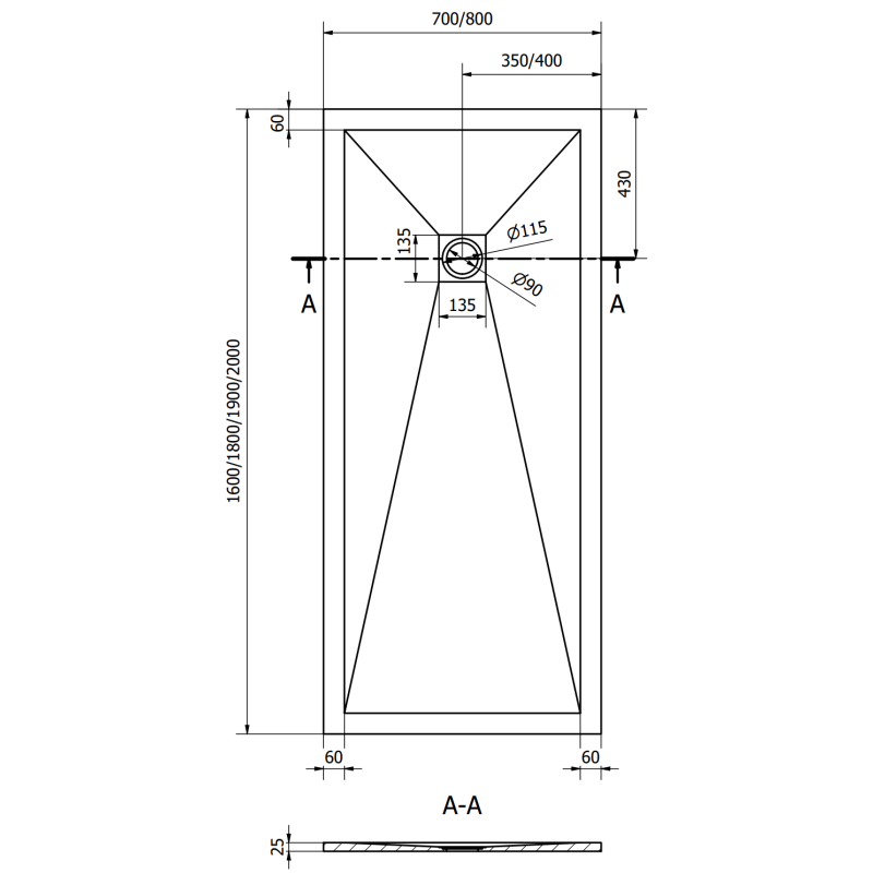 Mexen Stone+ téglalap alakú kompozit zuhanytálca 200 x 80 cm, antracit - 44718020