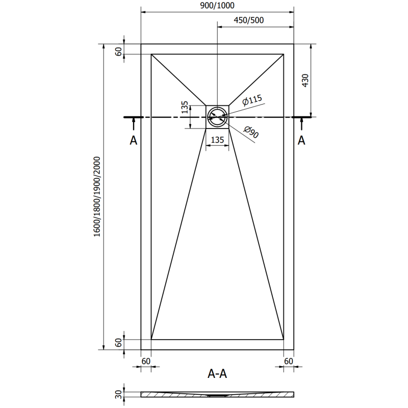 Mexen Stone+ kompozit téglalap alakú zuhanytálca 200 x 90 cm, antracit - 44719020