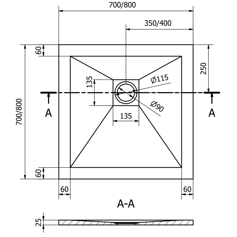 Mexen Stone+ 80 x 80 cm-es négyzet alakú kompozit zuhanytálca, antracit - 44718080