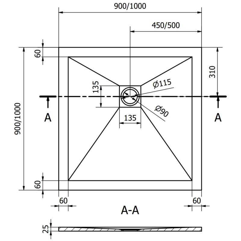 Mexen Stone+ tăviță de duș pătrată din compozit 90 x 90 cm, antracit - 44719090