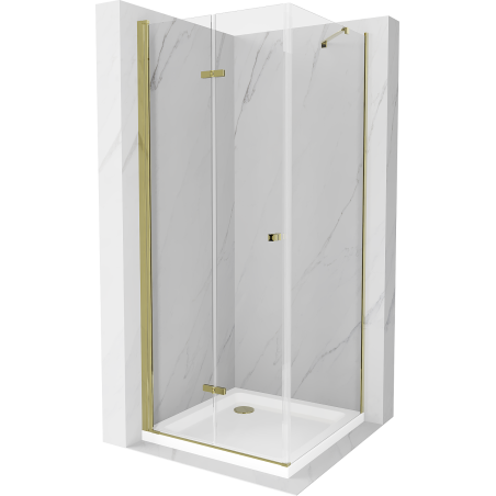 Mexen Lima 90 x 90 cm-es összecsukható zuhanykabin, átlátszó, arany + Flat zuhanytálca - 856-090-090-50-00-4010