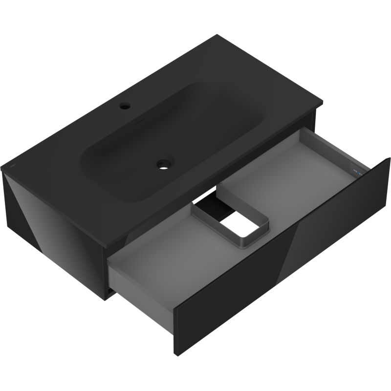 Mexen Orio 90 cm-es fürdőszobai szekrény Vela mosdóval, 1 fiók, fekete fényes/fekete matt - 91A10-09023-1-BF70-W23M71